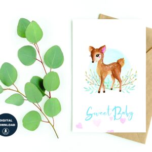 Baby Deer Baby Shower Card, Baby Shower Greetings, Instant Download, Printable Blank Card, Print On a Regular Size Paper, Various Sizes, DIY